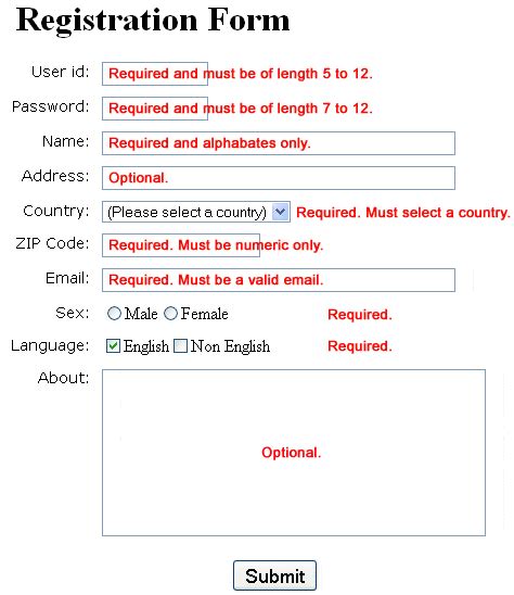 year of birth must be 4 numeric characters|JavaScript: A sample registration form validation .